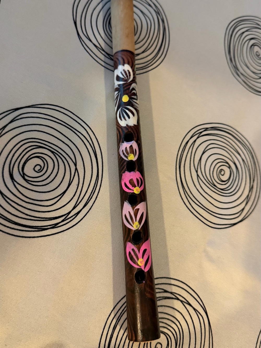 Hand-Painted Wooden Flute — Pink and White Floral Design